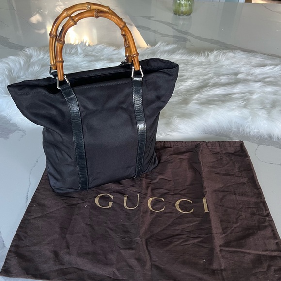 Gucci Black Canvas Tote Bag w/ Bamboo Handles & Dust Bag 👜 Iconic Vintage - Picture 1 of 9